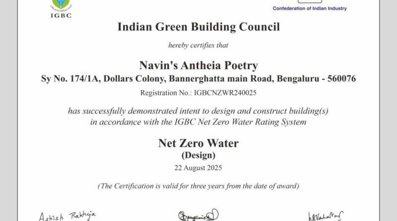 Navins Antheia Poetry Net Zero Water Certification